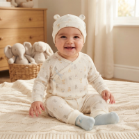 N14752: Baby Boys Waffle Fabric Top, Pant, Hat & Socks Outfit (0-9 Months)